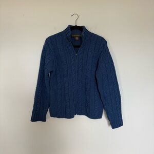 Inis Crafts 100% Merino Wool Irish Cable knit Zip Cardigan Sweater Blue Small